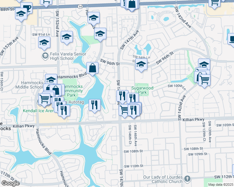 map of restaurants, bars, coffee shops, grocery stores, and more near 9933 Southwest 147th Court in Miami