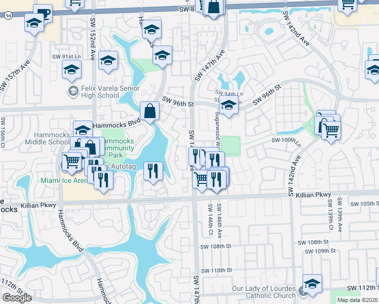 map of restaurants, bars, coffee shops, grocery stores, and more near 9933 Southwest 147th Court in Miami