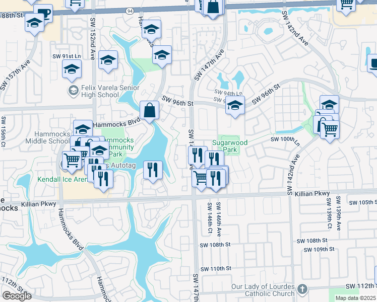 map of restaurants, bars, coffee shops, grocery stores, and more near 9933 Southwest 147th Court in Miami