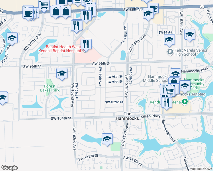 map of restaurants, bars, coffee shops, grocery stores, and more near 15833 SW 99th Terrace in Miami