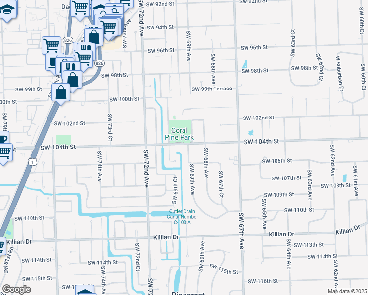 map of restaurants, bars, coffee shops, grocery stores, and more near 6860 Southwest 104th Street in Coral Gables