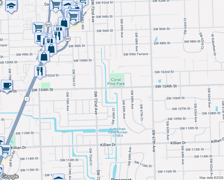 map of restaurants, bars, coffee shops, grocery stores, and more near 6980 Southwest 104th Street in Miami
