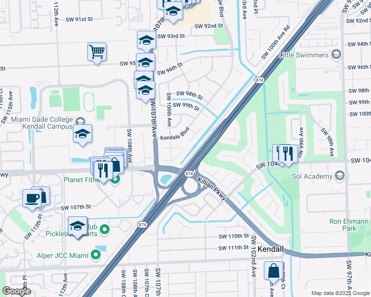 map of restaurants, bars, coffee shops, grocery stores, and more near 10555 Southwest 102nd Street in Miami