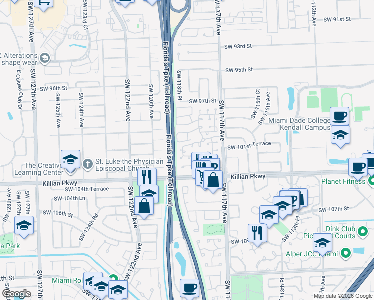map of restaurants, bars, coffee shops, grocery stores, and more near 10064 Southwest 118th Court in Miami