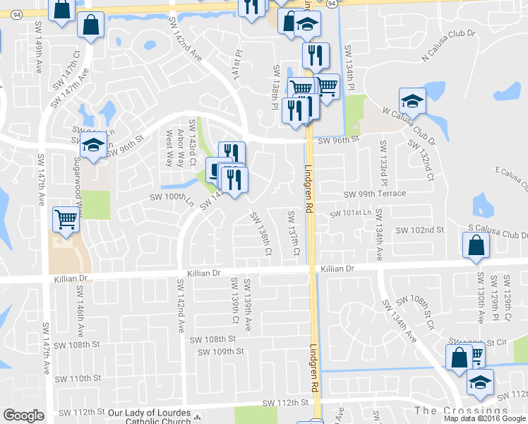 map of restaurants, bars, coffee shops, grocery stores, and more near 10030 Southwest 137TH Place in Miami