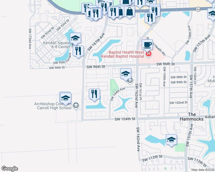 map of restaurants, bars, coffee shops, grocery stores, and more near 16351 Southwest 99th Street in Miami