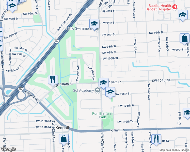 map of restaurants, bars, coffee shops, grocery stores, and more near 10261 Southwest 98th Avenue in Miami