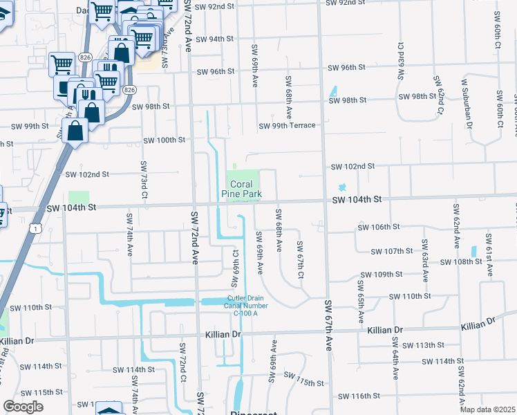 map of restaurants, bars, coffee shops, grocery stores, and more near 6860 Southwest 104th Street in Coral Gables