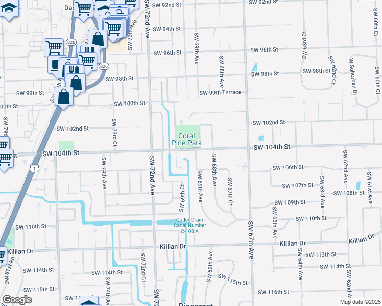 map of restaurants, bars, coffee shops, grocery stores, and more near 6860 Southwest 104th Street in Coral Gables