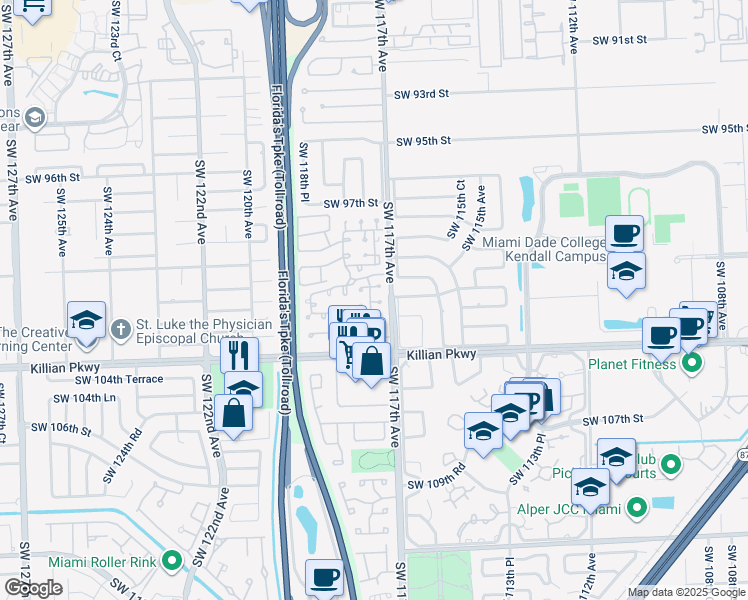 map of restaurants, bars, coffee shops, grocery stores, and more near 10133 Southwest 117th Court in Miami