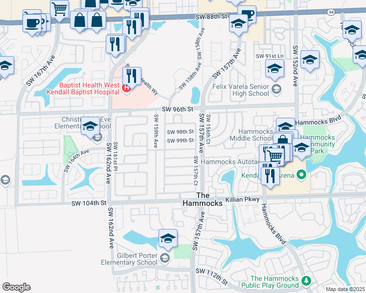 map of restaurants, bars, coffee shops, grocery stores, and more near 15763 Southwest 99th Terrace in Miami
