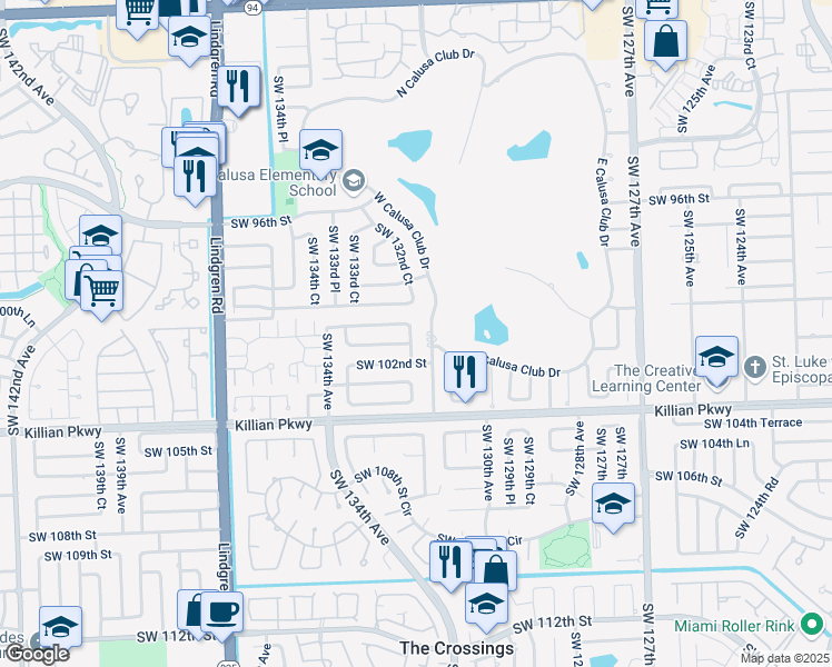 map of restaurants, bars, coffee shops, grocery stores, and more near 10025 Southwest 132nd Court in Miami