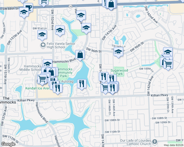 map of restaurants, bars, coffee shops, grocery stores, and more near 9942 SW 147th Pl in Miami