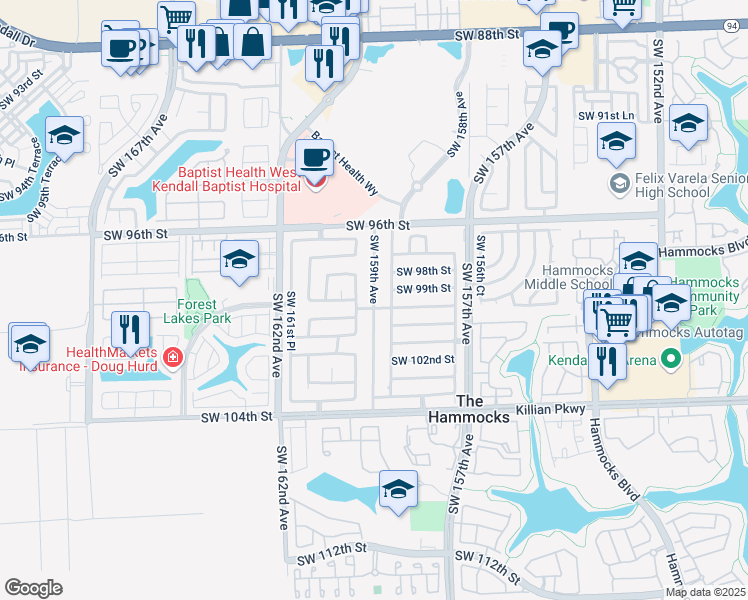 map of restaurants, bars, coffee shops, grocery stores, and more near 9901 Southwest 159th Court in Miami