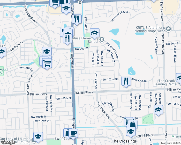 map of restaurants, bars, coffee shops, grocery stores, and more near 13433 Southwest 101st Lane in Miami