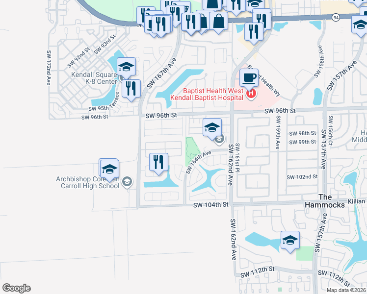 map of restaurants, bars, coffee shops, grocery stores, and more near 9881 Southwest 164th Court in Miami