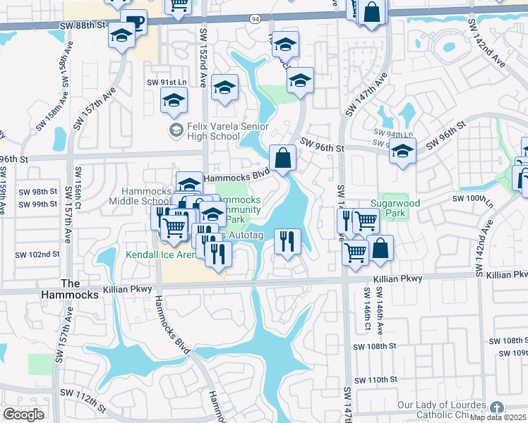 map of restaurants, bars, coffee shops, grocery stores, and more near 9723 Hammocks Boulevard in Miami