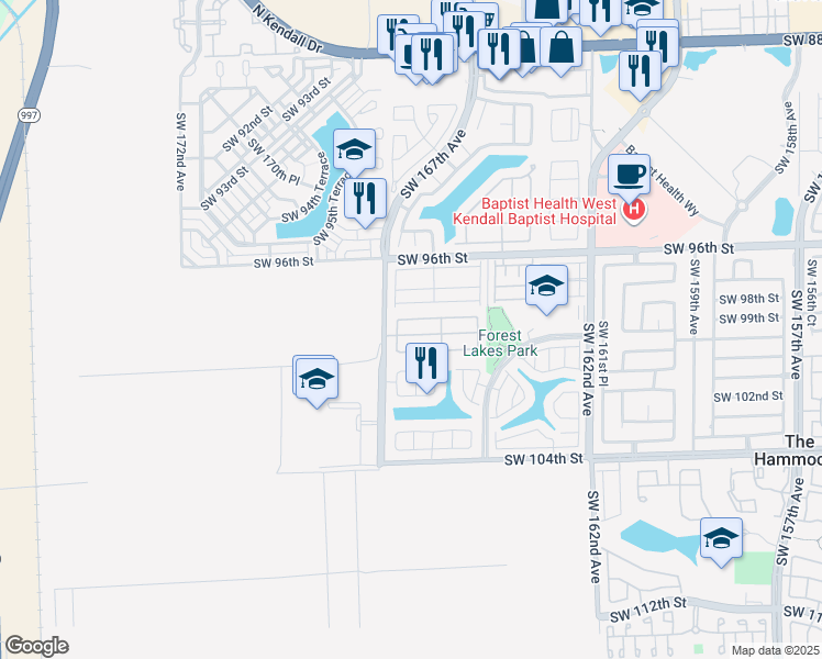 map of restaurants, bars, coffee shops, grocery stores, and more near 16539 Southwest 99th Street in Miami