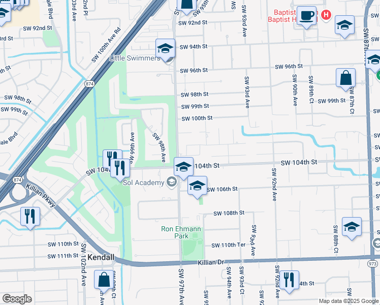 map of restaurants, bars, coffee shops, grocery stores, and more near 9601 Southwest 103rd Street in Miami
