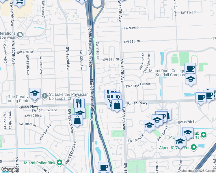 map of restaurants, bars, coffee shops, grocery stores, and more near 11826 Southwest 100th Terrace in Miami