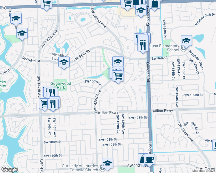 map of restaurants, bars, coffee shops, grocery stores, and more near 10014 Southwest 141st Court in Miami