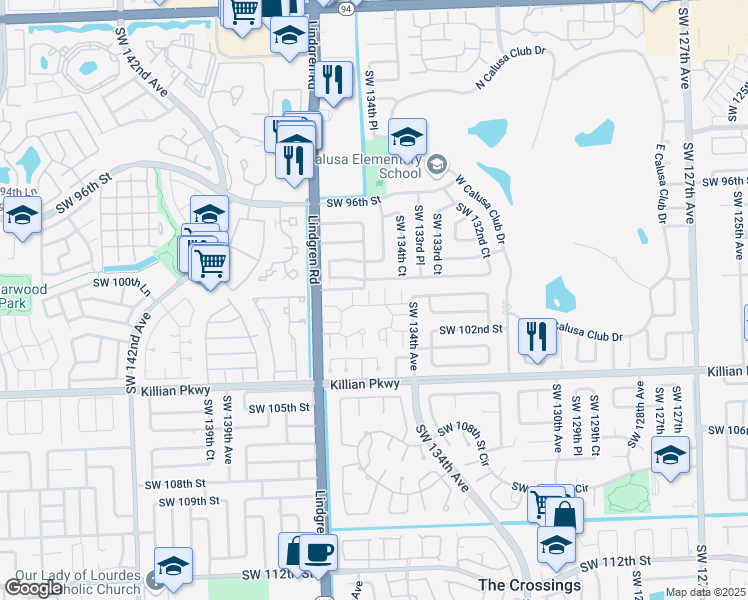 map of restaurants, bars, coffee shops, grocery stores, and more near 13433 Southwest 101st Lane in Miami
