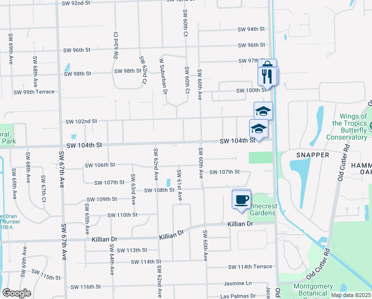 map of restaurants, bars, coffee shops, grocery stores, and more near 6080 Southwest 104th Street in Miami