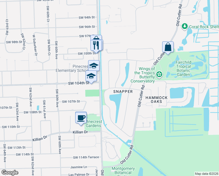 map of restaurants, bars, coffee shops, grocery stores, and more near 10500 Snapper Creek Road in Coral Gables