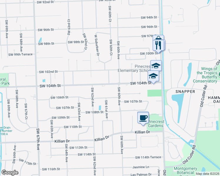 map of restaurants, bars, coffee shops, grocery stores, and more near 6080 Southwest 104th Street in Miami
