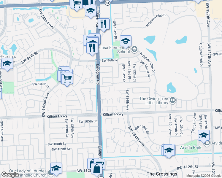 map of restaurants, bars, coffee shops, grocery stores, and more near 13553 Southwest 101st Lane in Miami
