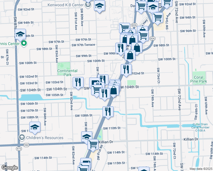 map of restaurants, bars, coffee shops, grocery stores, and more near 7855 Southwest 104th Street in Miami