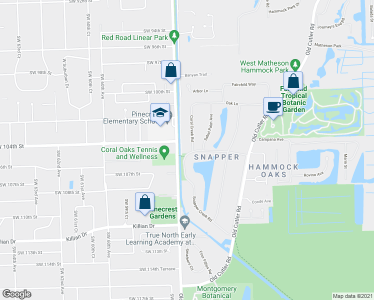 map of restaurants, bars, coffee shops, grocery stores, and more near 10500 Snapper Creek Road in Coral Gables