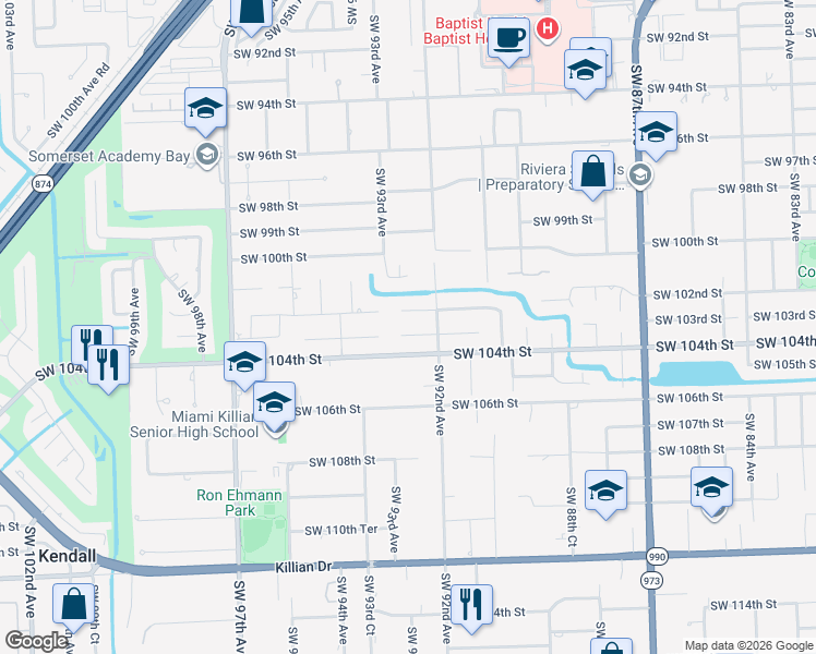 map of restaurants, bars, coffee shops, grocery stores, and more near 9241 Southwest 103rd Street in Miami