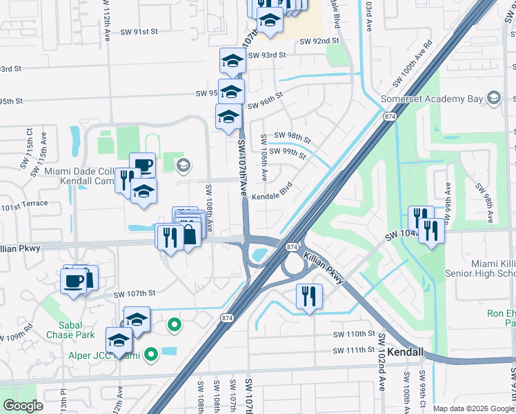 map of restaurants, bars, coffee shops, grocery stores, and more near 10627 Southwest 102nd Street in Miami