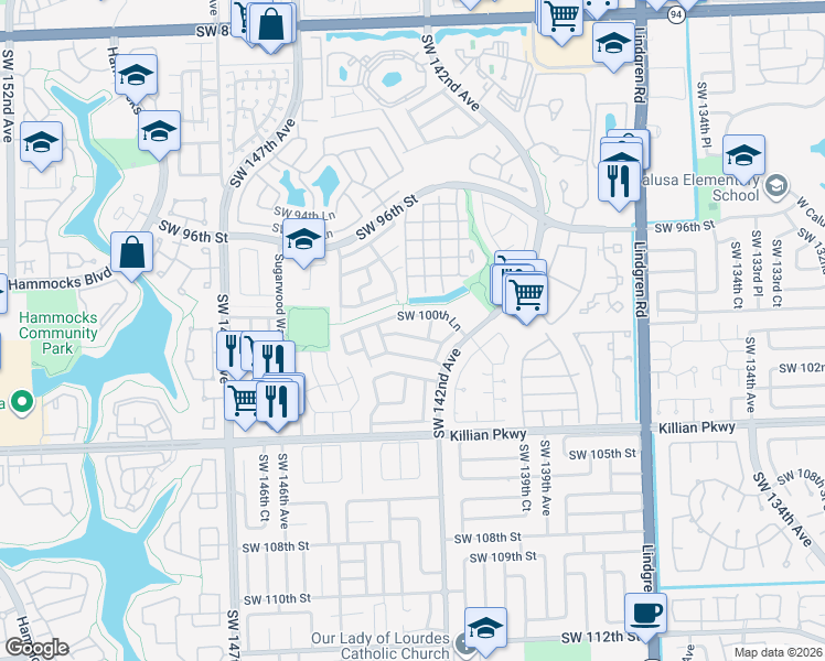 map of restaurants, bars, coffee shops, grocery stores, and more near 14281 Southwest 101st Street in Miami