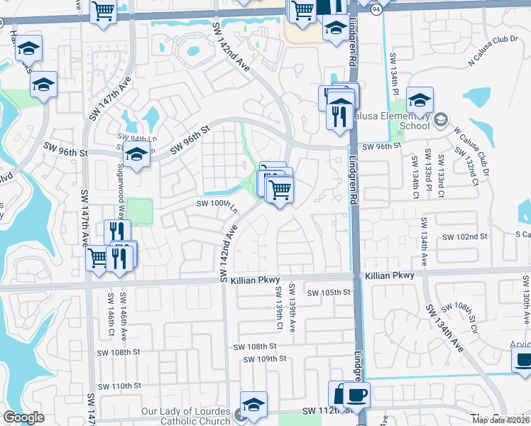 map of restaurants, bars, coffee shops, grocery stores, and more near 10014 Southwest 141st Court in Miami