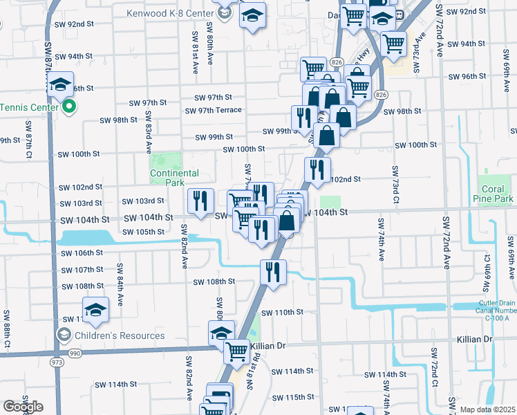 map of restaurants, bars, coffee shops, grocery stores, and more near 7855 Southwest 104th Street in Miami