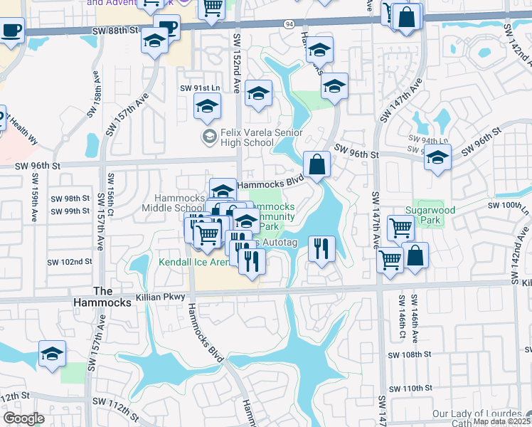 map of restaurants, bars, coffee shops, grocery stores, and more near 151 Hammocks Boulevard in Miami