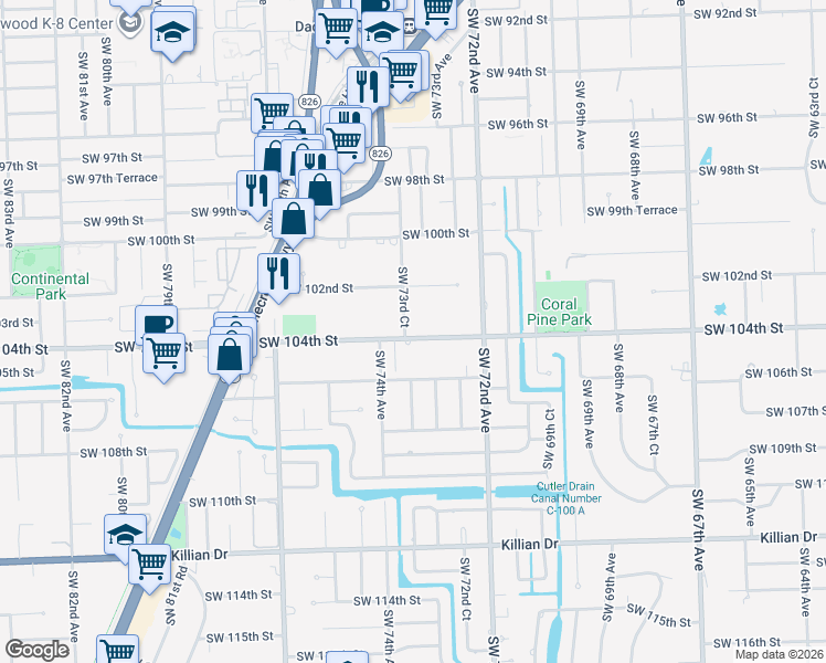 map of restaurants, bars, coffee shops, grocery stores, and more near 7300 Southwest 104th Street in Pinecrest