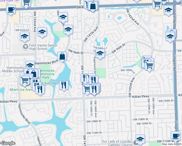 map of restaurants, bars, coffee shops, grocery stores, and more near 9959 Southwest 146th Place in Miami