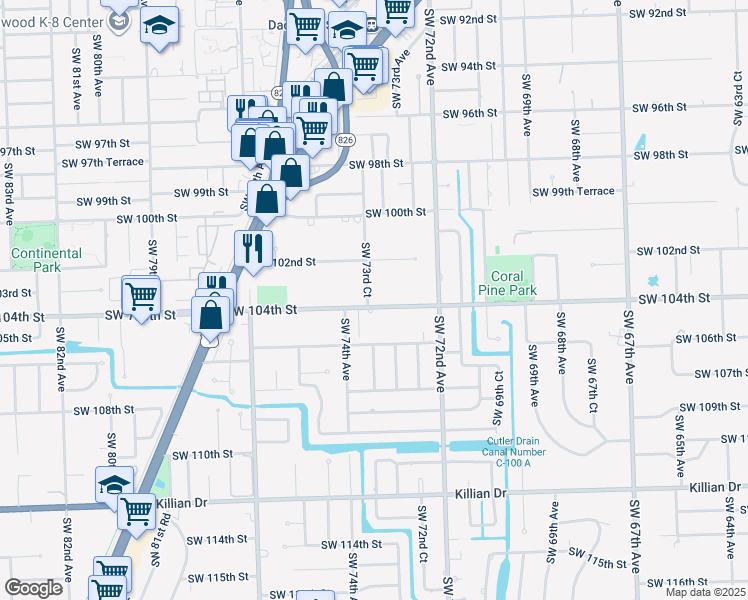 map of restaurants, bars, coffee shops, grocery stores, and more near 7300 Southwest 104th Street in Pinecrest