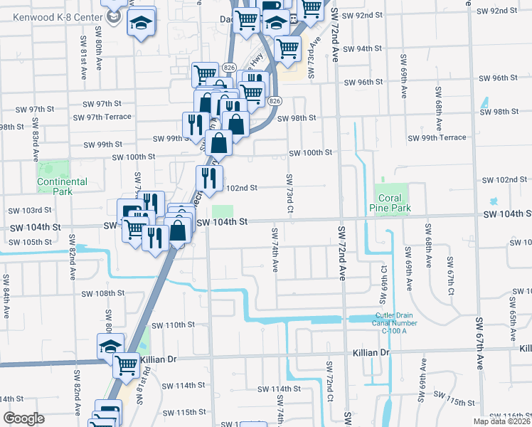 map of restaurants, bars, coffee shops, grocery stores, and more near 7470 Southwest 104th Street in Miami