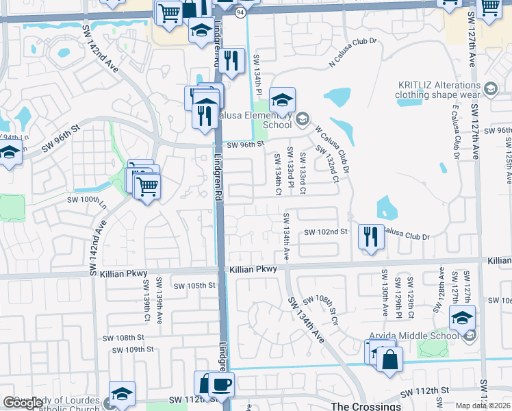 map of restaurants, bars, coffee shops, grocery stores, and more near 13433 Southwest 101st Lane in Miami