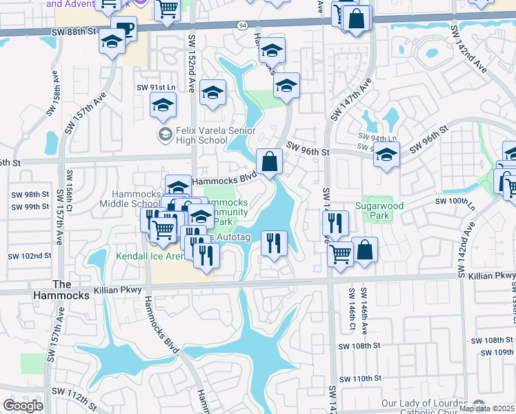 map of restaurants, bars, coffee shops, grocery stores, and more near 9723 Hammocks Boulevard in Miami