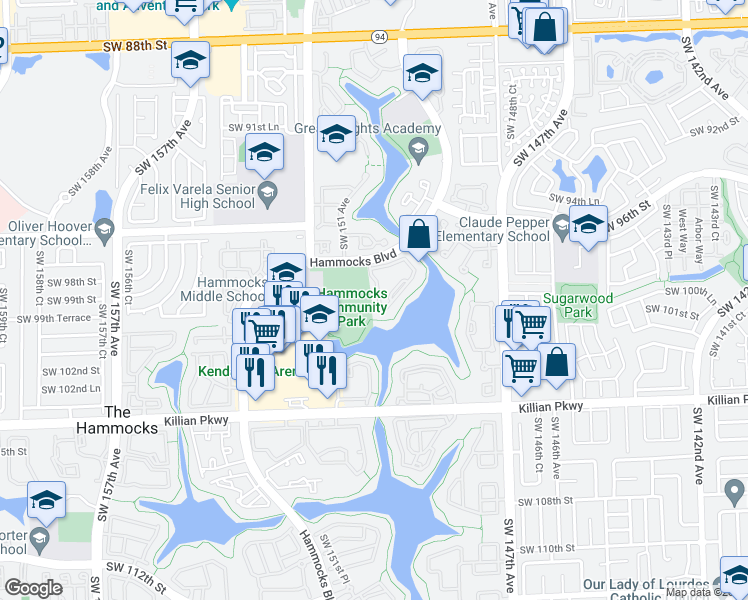 map of restaurants, bars, coffee shops, grocery stores, and more near 151 Hammocks Boulevard in Miami