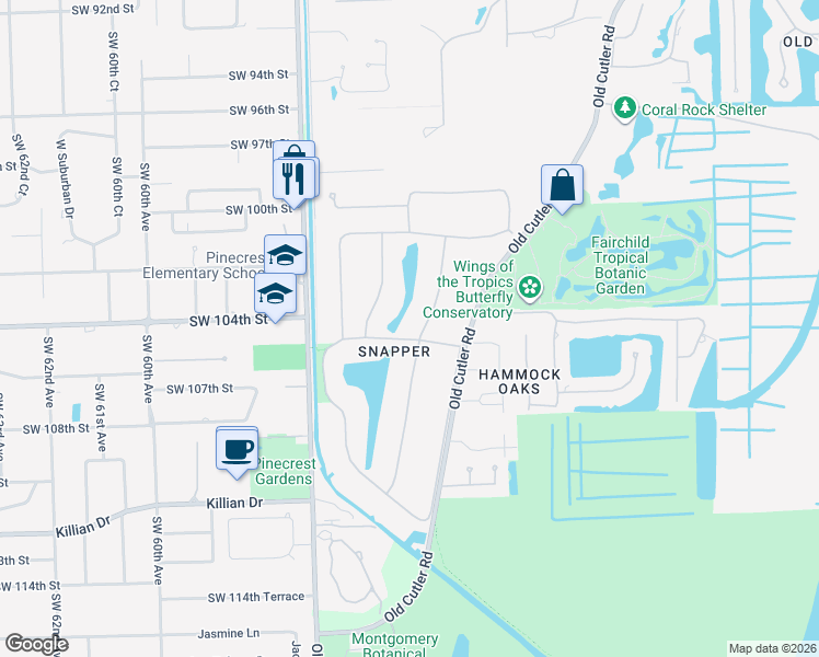 map of restaurants, bars, coffee shops, grocery stores, and more near 10440 Lakeside Drive in Coral Gables