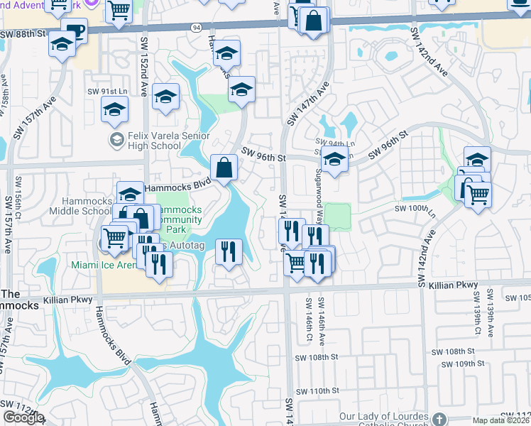 map of restaurants, bars, coffee shops, grocery stores, and more near 9942 Southwest 147th Place in Miami