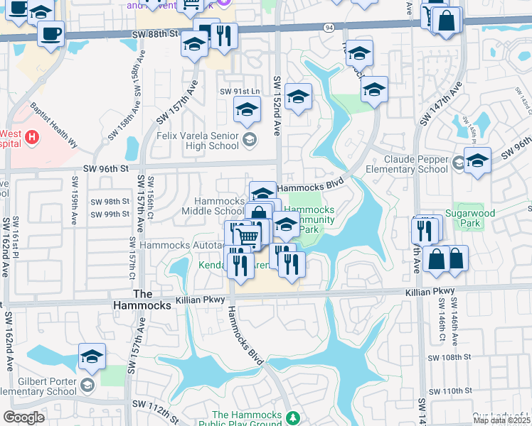 map of restaurants, bars, coffee shops, grocery stores, and more near 9889 Hammocks Boulevard in Miami