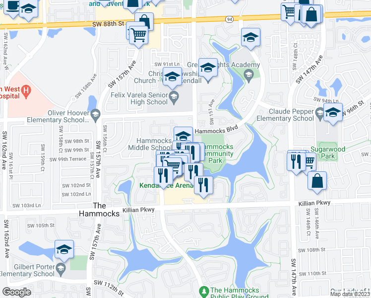map of restaurants, bars, coffee shops, grocery stores, and more near 9889 Hammocks Boulevard in Miami