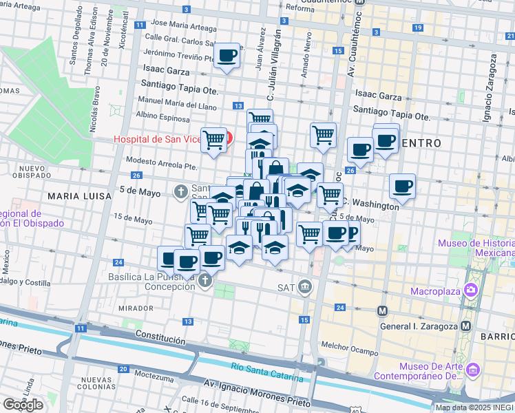 map of restaurants, bars, coffee shops, grocery stores, and more near 5 de Mayo in Monterrey